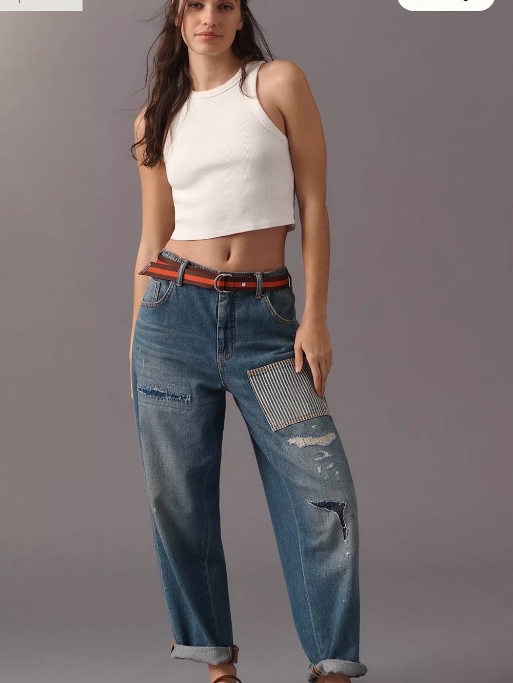 Anthropologie Blue Distressed Boyfriend Jeans with Striped Patch